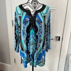 JM Collection Top Womens 2X Blue Beaded V-Neck Blouse Stretch Ladies